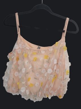 Sheer Pink Floral Appliqué Spaghetti Strap Top